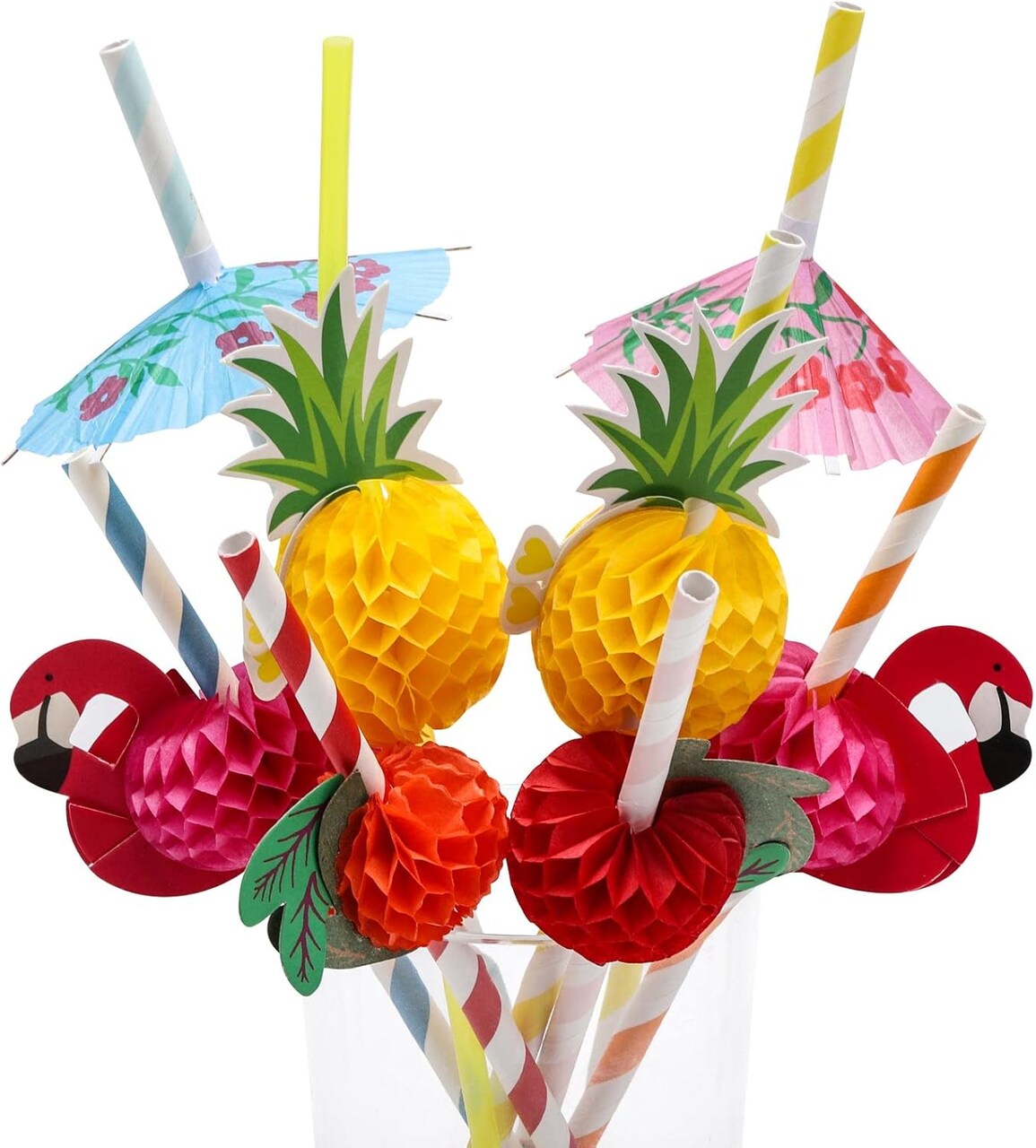 100PCS Flamingo Fruit Paper Straws,Disposable Plastic Drinking Straws,Tropical Hawaiian Beach Summer Pool Party Cocktail Decorations - Assorted Colors
